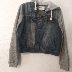 Between Us women's size 2X gray & black denim knitted hooded jacket